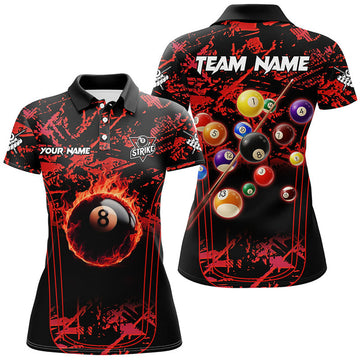 Custom Red Grunge Strike 8 Ball Pool Fire Billiard Balls Women's Polo Shirts S-5XL