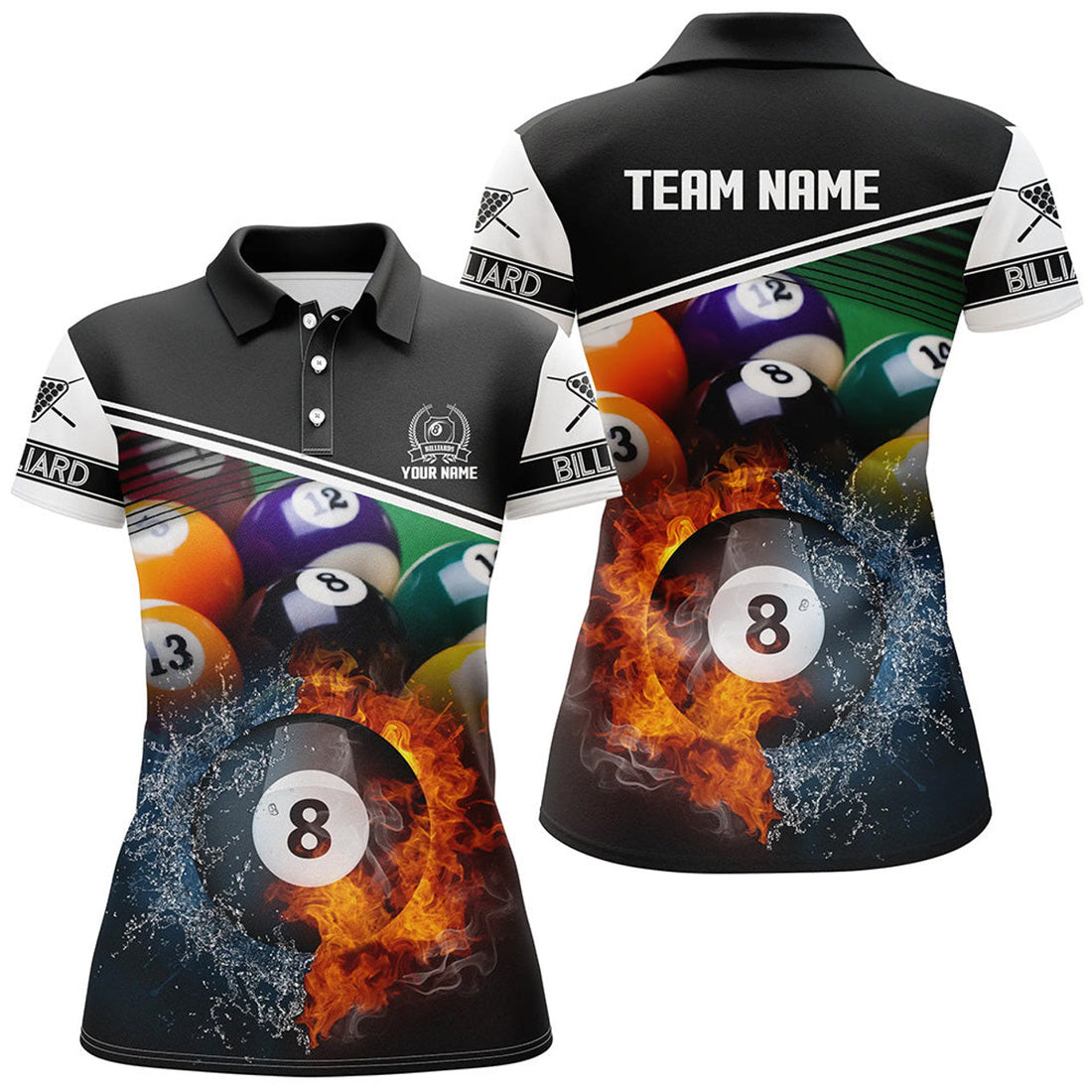 Custom Name Billiard 8 Ball Fire and Water Gift for Player Women's Polo Shirts S-5XL