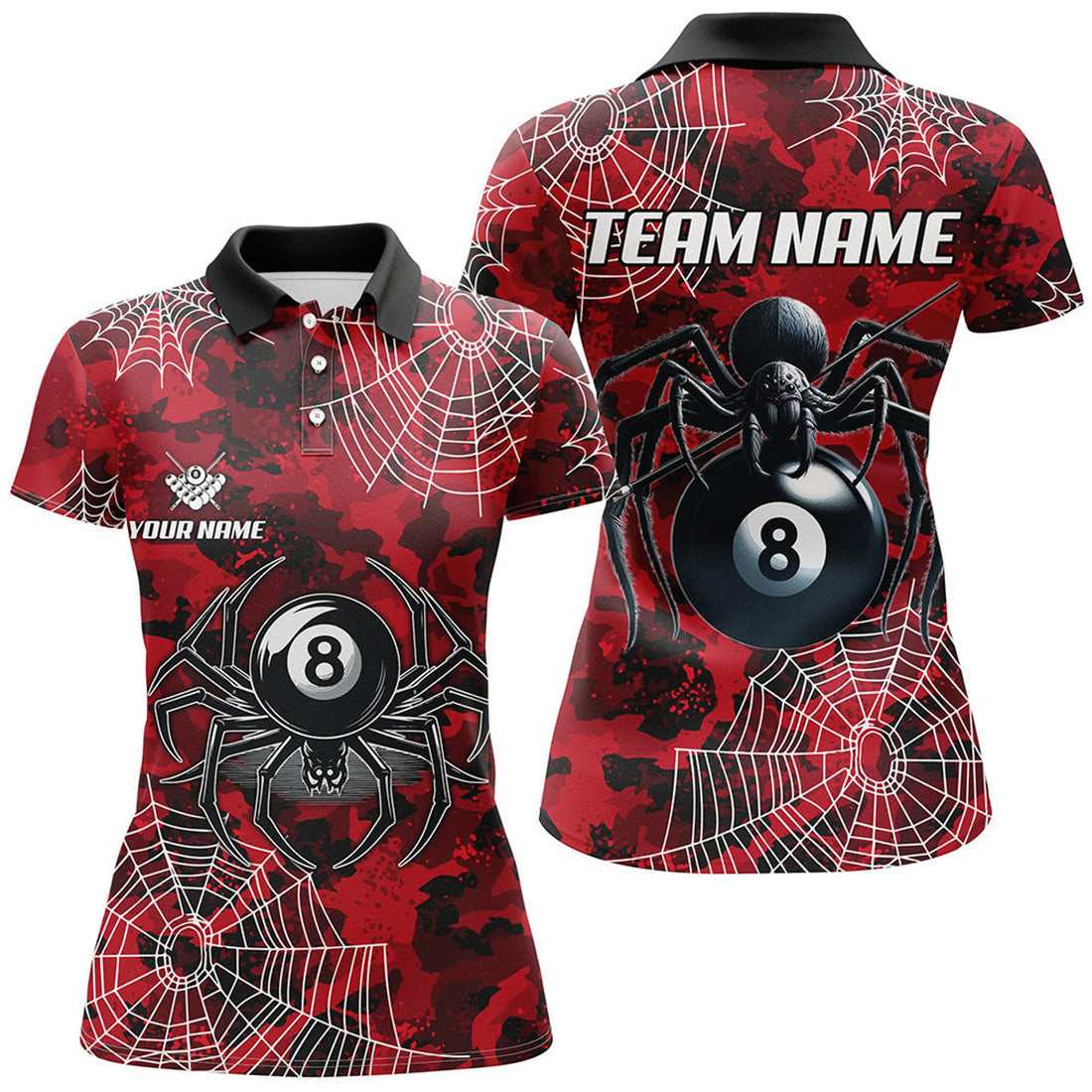 Custom Red Camo Billiard Spider Cobweb Women's Polo Shirts S-5XL