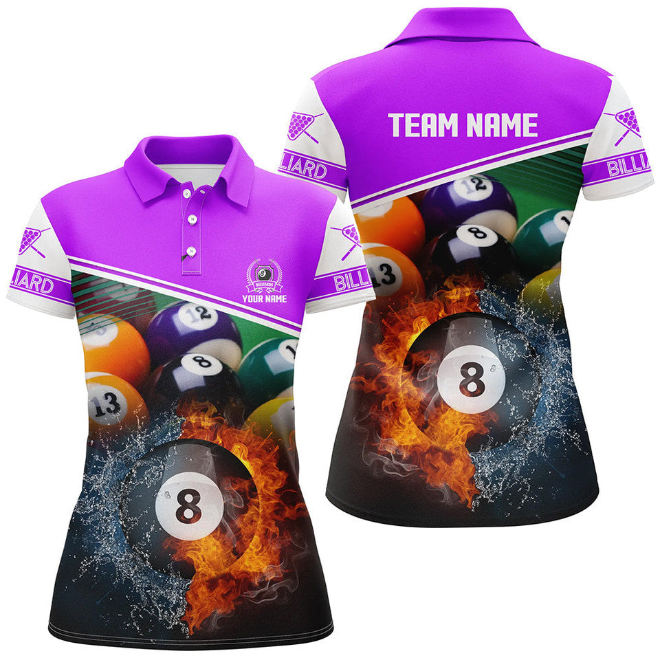 Custom Name Billiard 8 Ball Fire Water Shirt Gift Women's Polo Shirts S-5XL