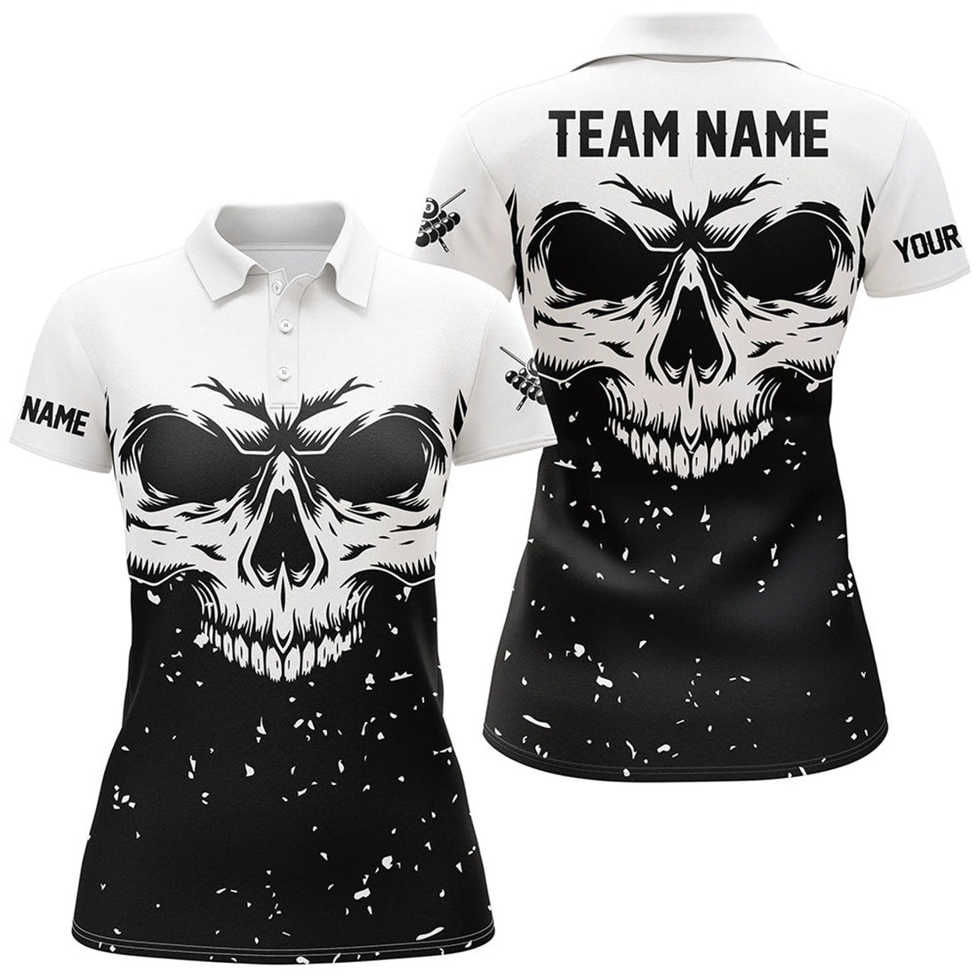 Custom Grunge Black White Skull Billiard for Women Polo Shirts S-5XL