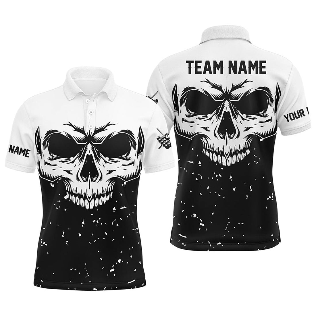 Custom Grunge Black White Skull 8 Ball Billiards Apparel Men's Polo Shirt S-5XL