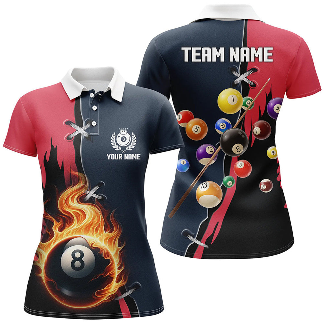 Custom Red Navy 8 Ball Pool Unique Billiard Balls Women 3D Polo Shirt Size S-5XL