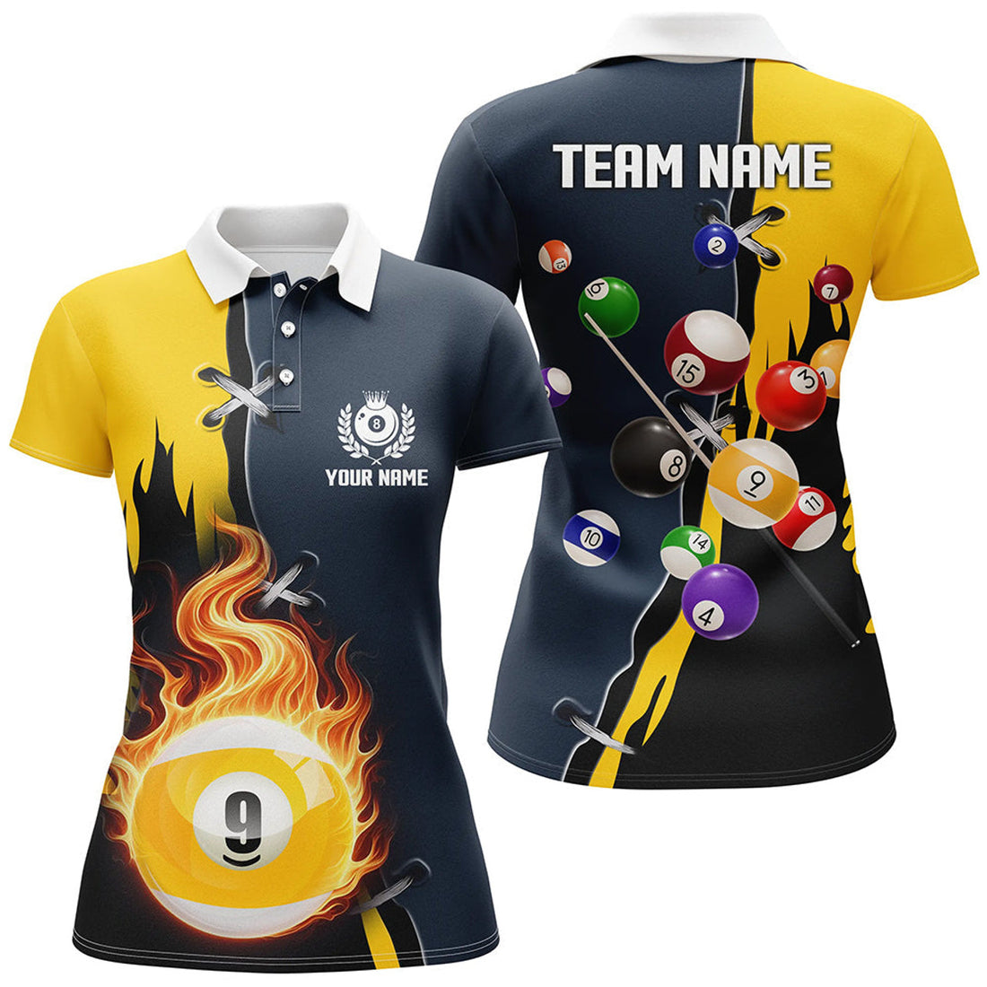 Custom Personalized Yellow Navy 9 Ball Pool Women's Polo Shirts S-5XL