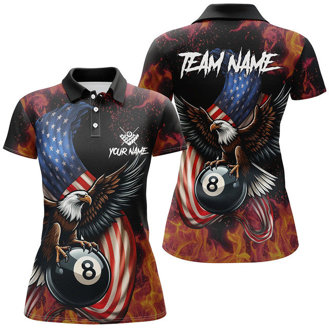 Custom 8 Ball Pool American Flag Eagle Fire Billiard Shirt Women's Polo Shirts S-5XL