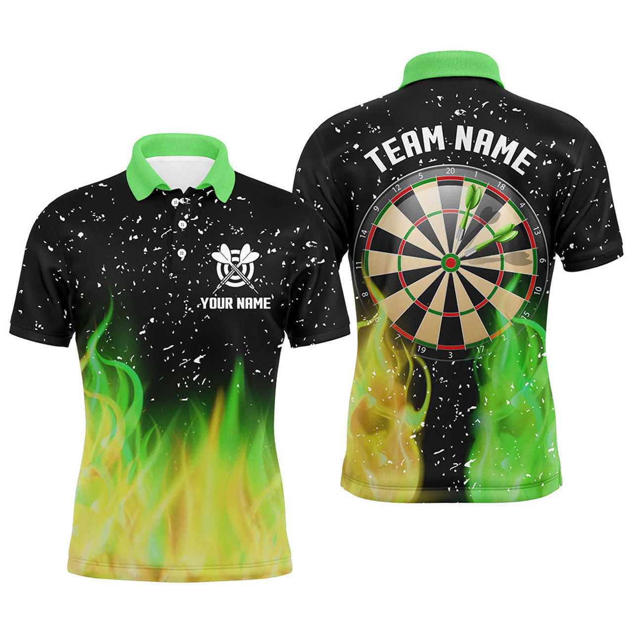 Custom Green Yellow Fire Dartboard Shirt for Team Men's Polo Shirt S-5XL