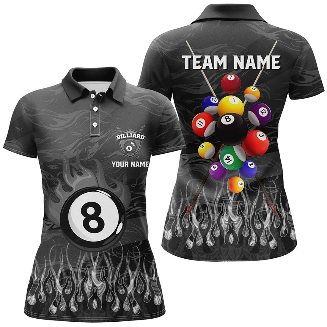 Custom Fire Flame 3D Billiard Design Black Shirt Women's Polo Shirts S-5XL