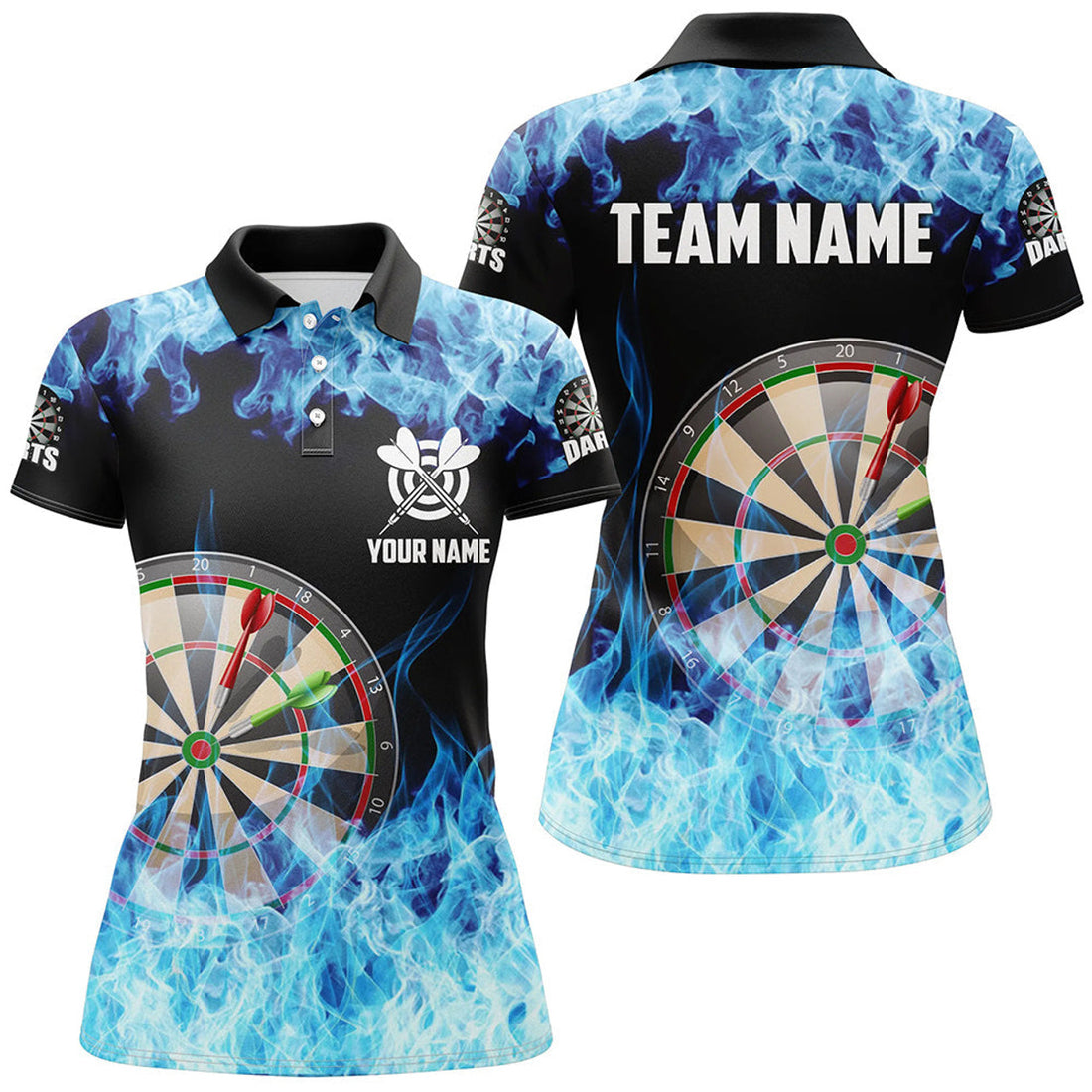 Custom Blue Fire Flame Dartboard Darts Team Shirts Women's Polo Shirts S-5XL