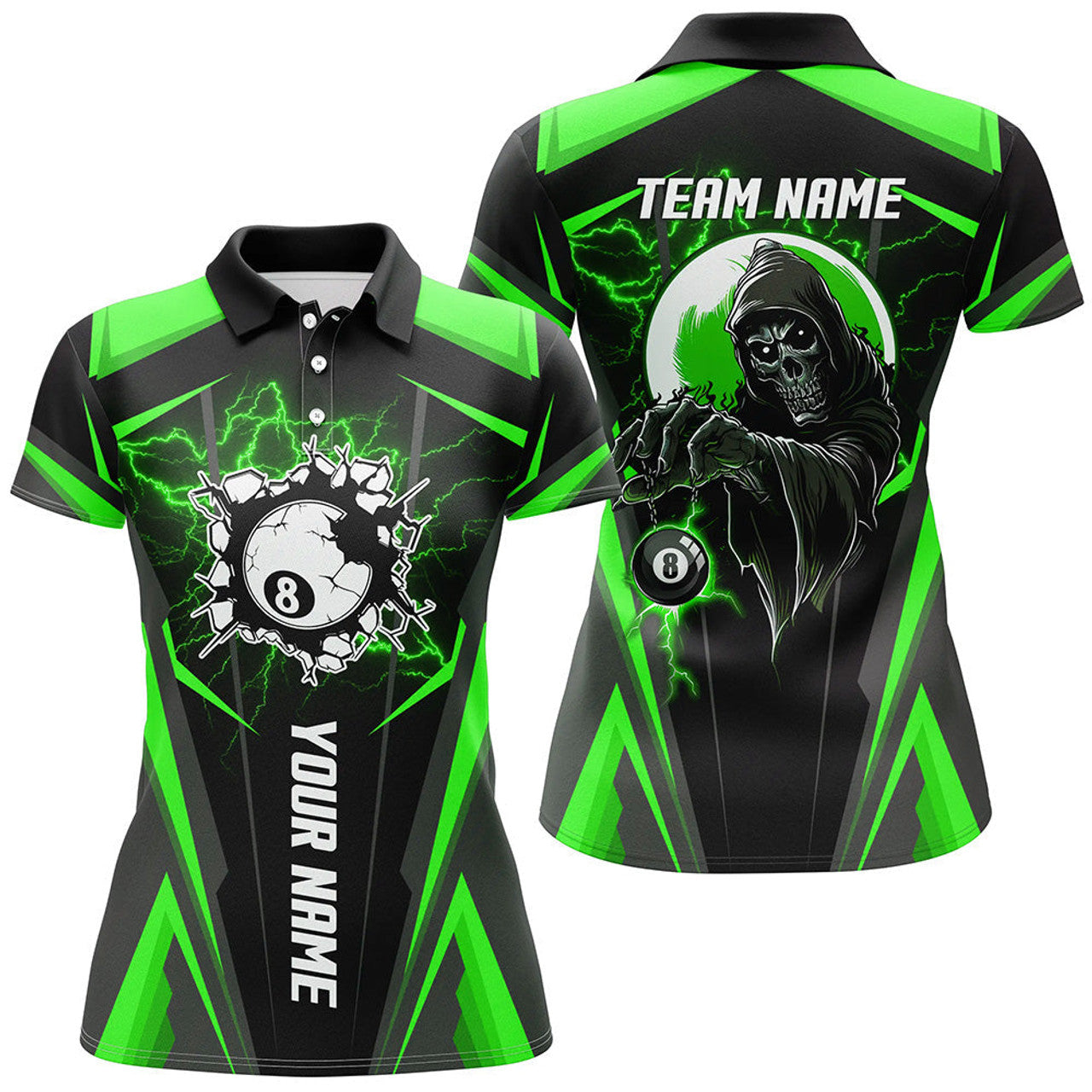 Custom Personalized Green Billiard Grim Reaper for Women's Polo Shirts S-5XL