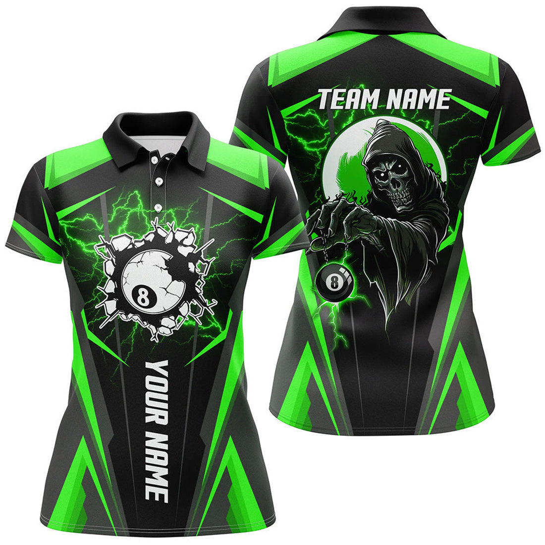 Custom Personalized Green Billiard Grim Reaper for Women's Polo Shirts S-5XL
