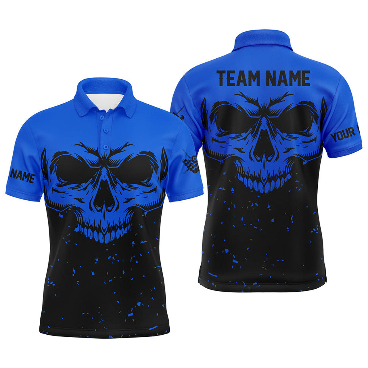 Custom Grunge Black Blue Skull Billiard Mens Polo Shirt S-5XL