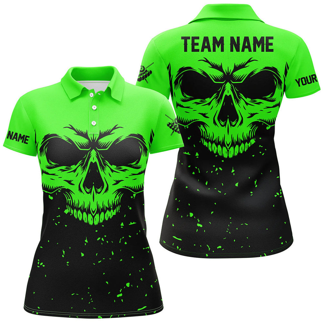 Custom Grunge 8 Ball Apparel Black Green Skull Billiard Women's Polo Shirts S-5XL