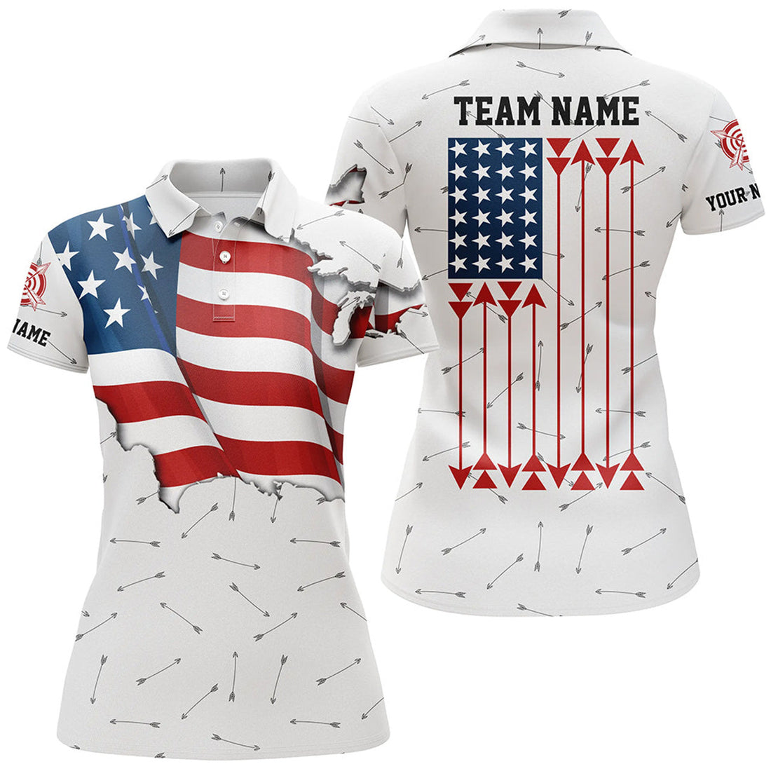 Custom Personalized Patriotic USA Flag Archery Women's Polo Shirts S-5XL