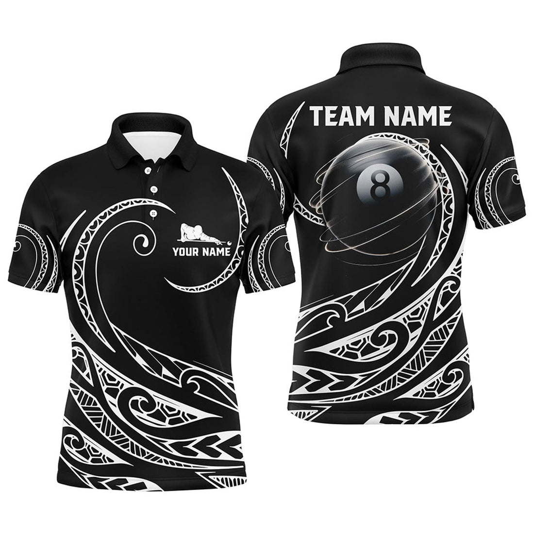 Personalized Black White 8 Ball Pool Tribal Pattern Men's Polo Shirt S-5XL