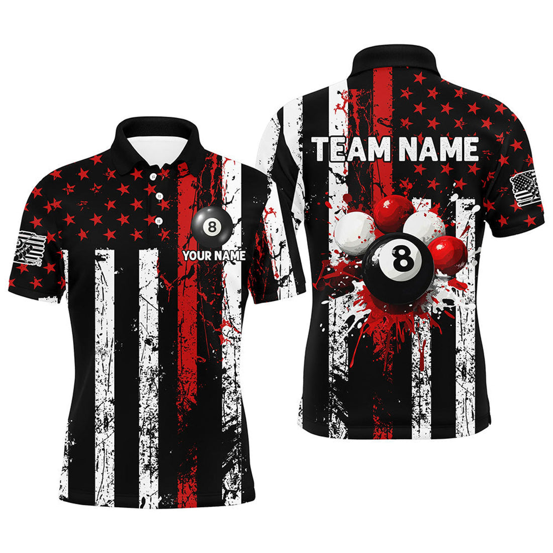Custom Billiard Grunge US Flag Patriotic Team Name Men's Polo Shirt S-5XL
