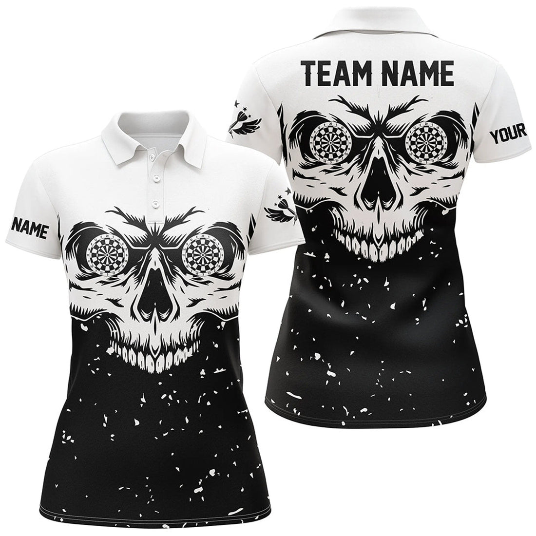 Custom Grunge Skull Darts Team Shirt Black White Design Women's Polo Shirts S-5XL