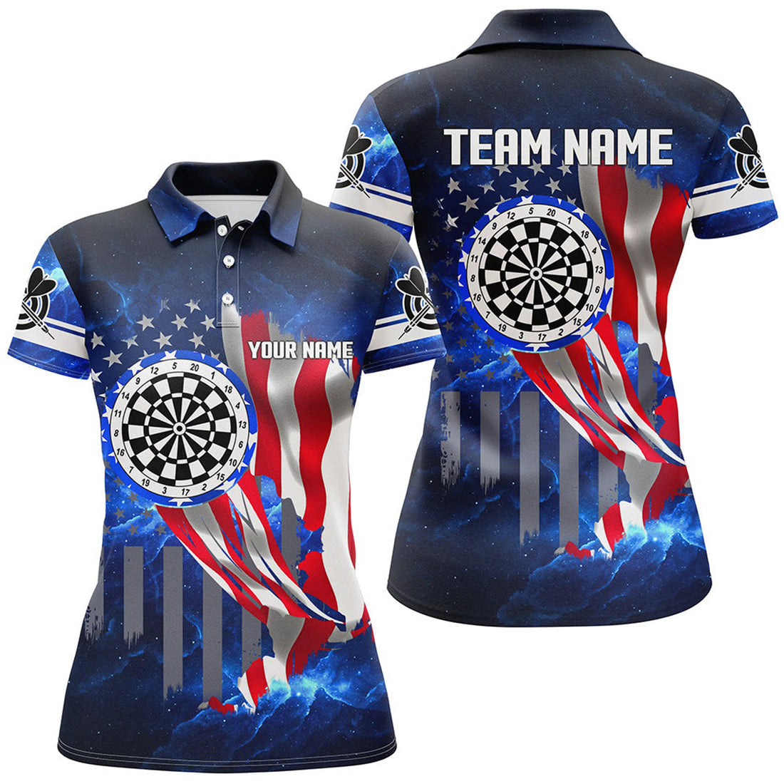 Custom Blue Galaxy American Flag Darts Patriotic League Women's Polo Shirts S-5XL