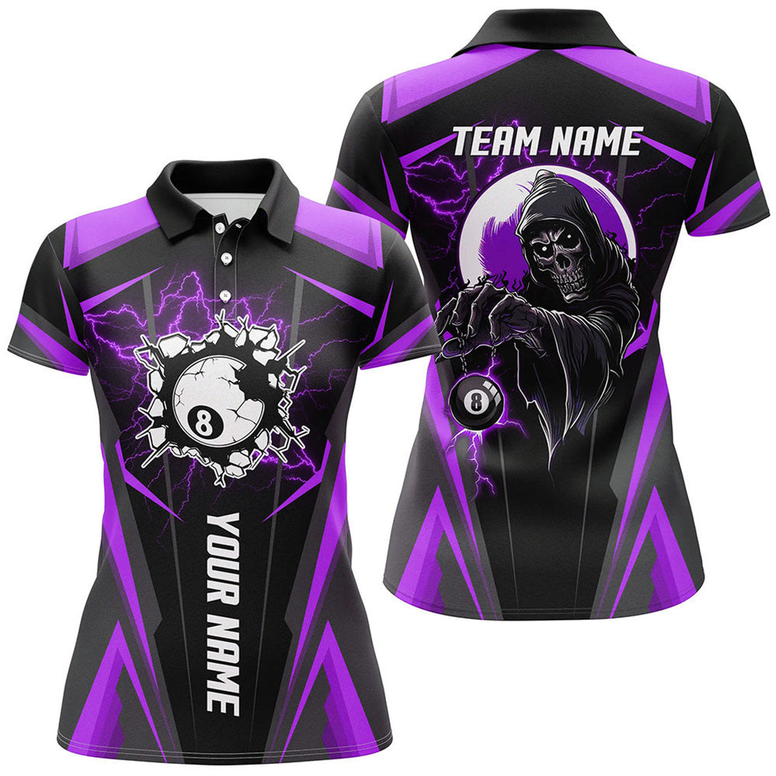 Custom Purple Billiard Grim Reaper Custom Team League Women's Polo Shirts S-5XL