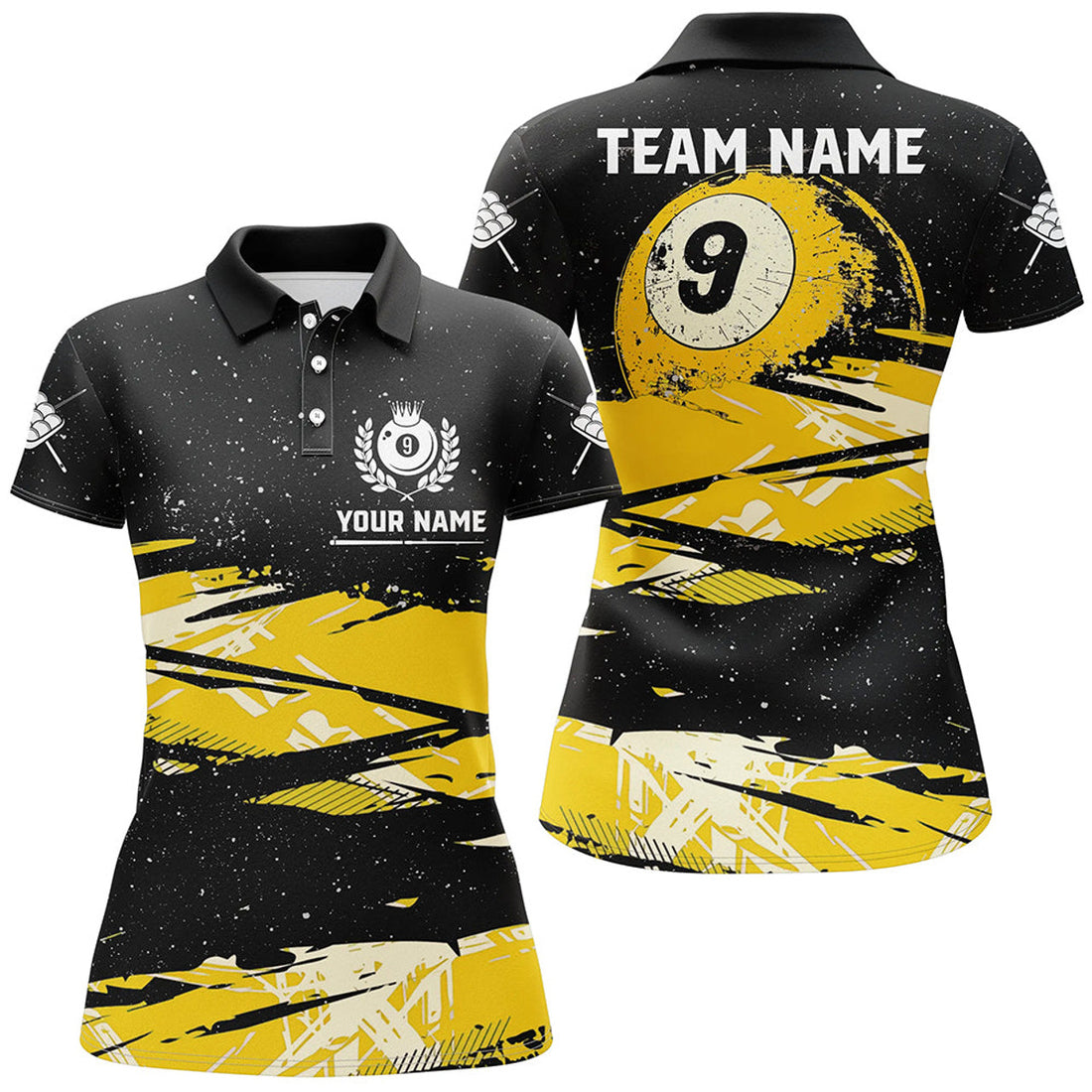 Custom Yellow Grunge 9 Ball Pool Women's Polo Shirts S-5XL