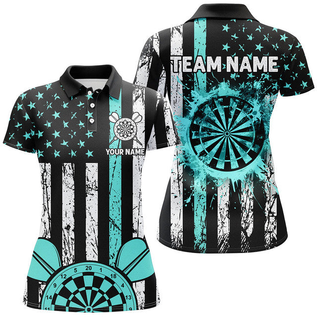 Custom Turquoise Grunge US Flag Patriotic Darts Retro Style Women's Polo Shirts S-5XL