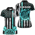 Custom Turquoise Grunge US Flag Patriotic Darts Retro Style Women's Polo Shirts S-5XL