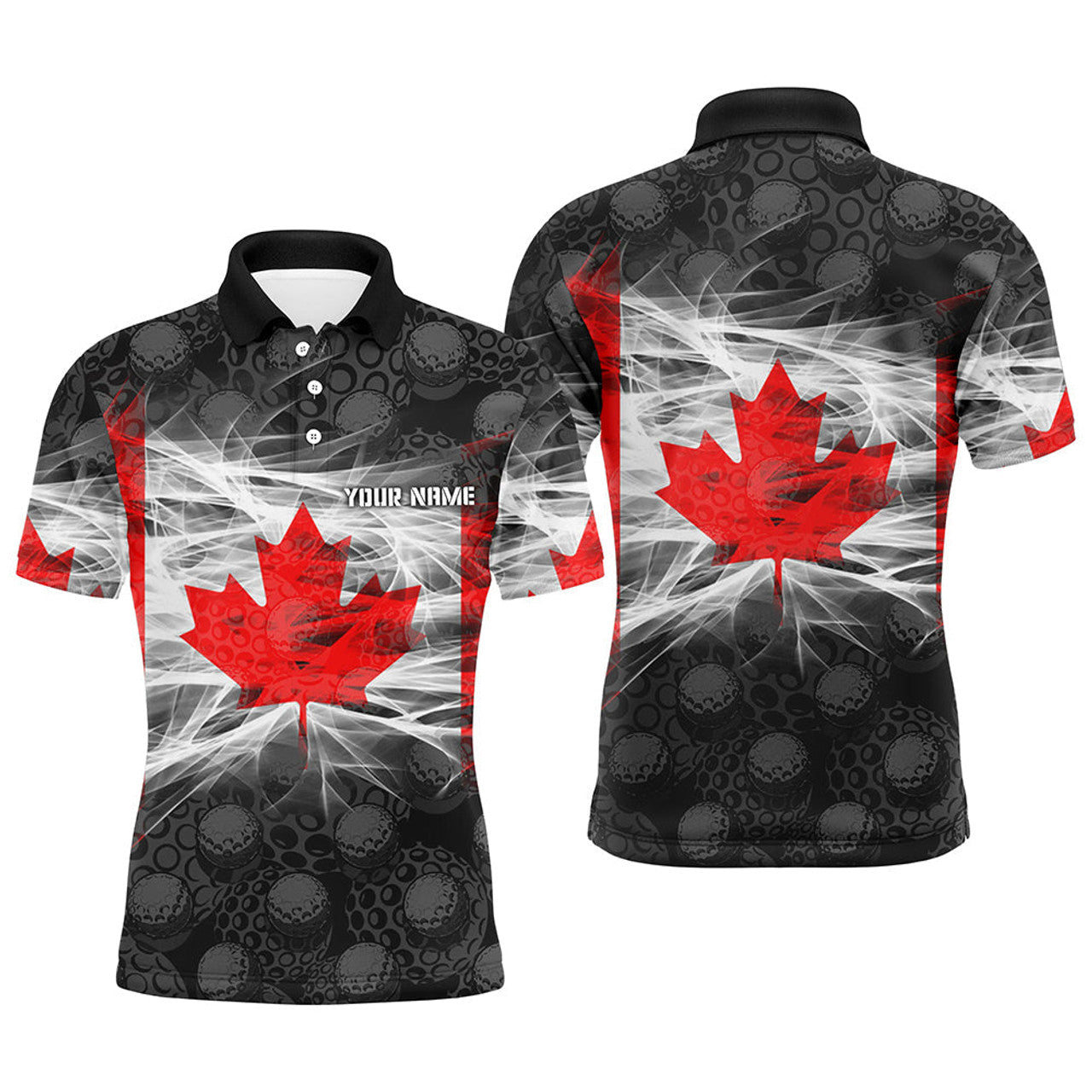 Custom Black Men's Golf Red Canada Leaf Patriotic Flag Men's Polo Shirt S-5XL
