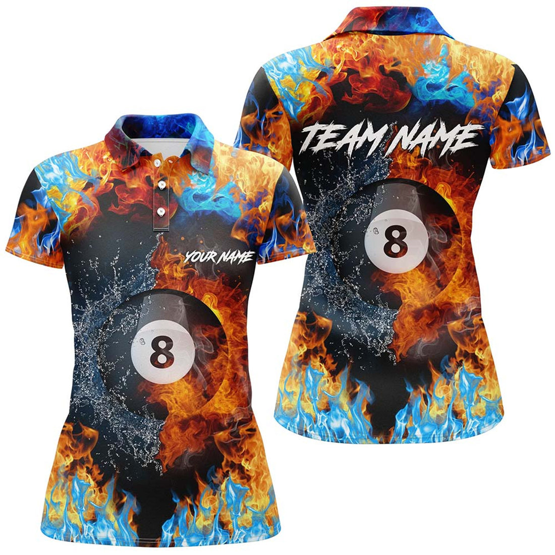 Custom Name Billiard Ball Fire and Water 3D All Over Print Women's Polo Shirts S-5XL