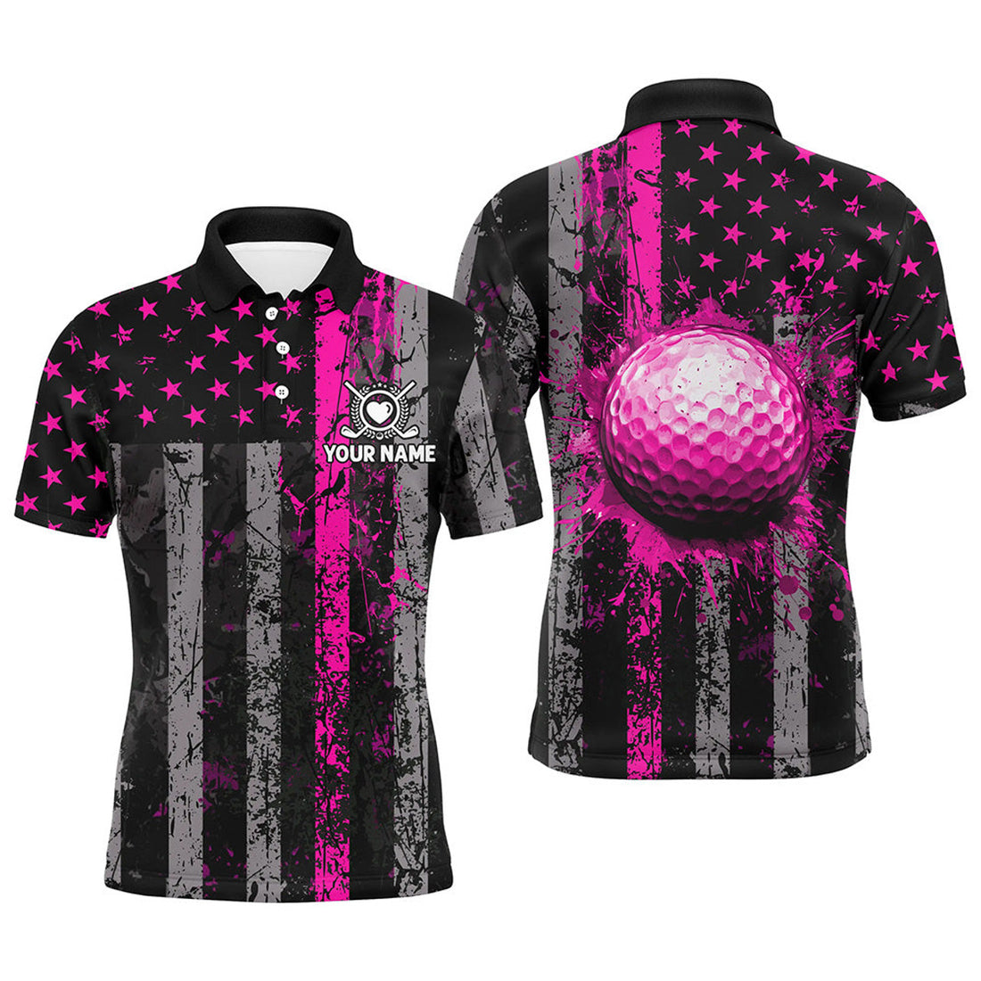 Custom Pink Grunge American Flag Patriotic Golf Gifts Men's Polo Shirt S-5XL