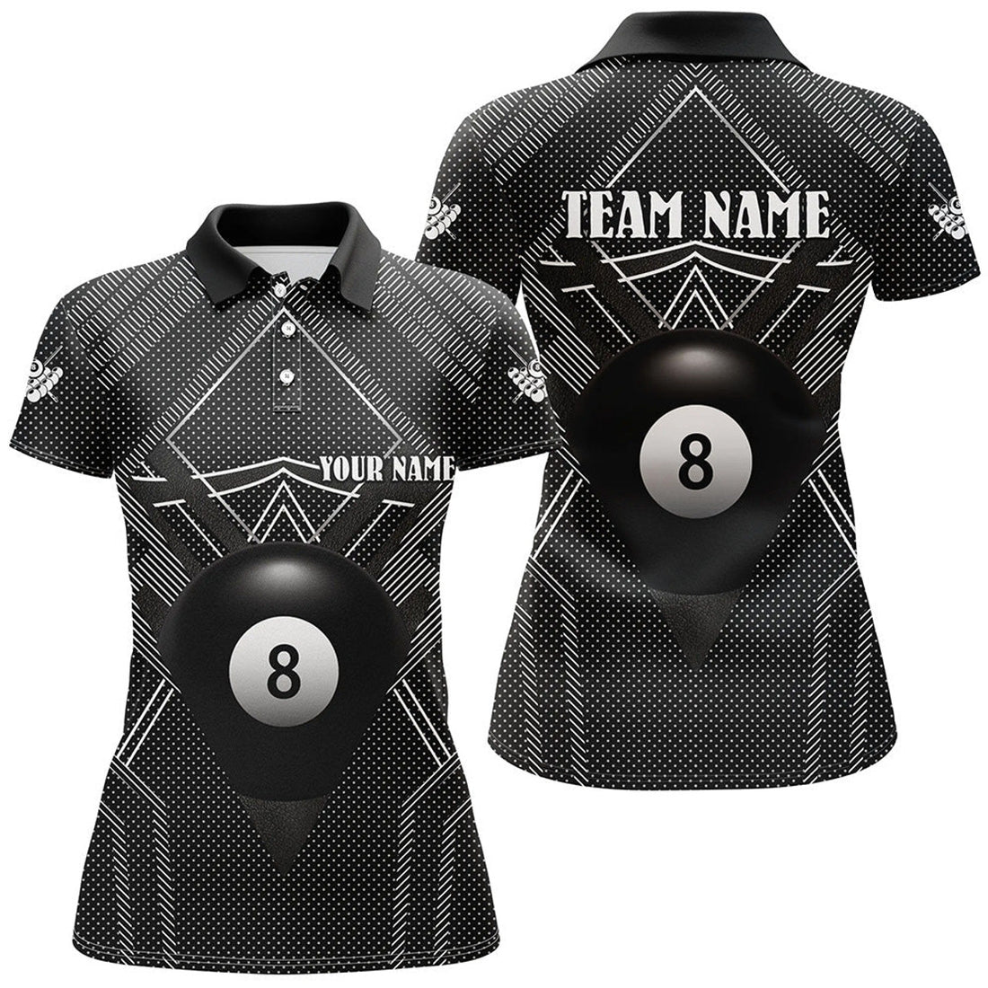 Custom 8 Ball Pool Billiards Outfit Black Design Women's Polo Shirts S-5XL