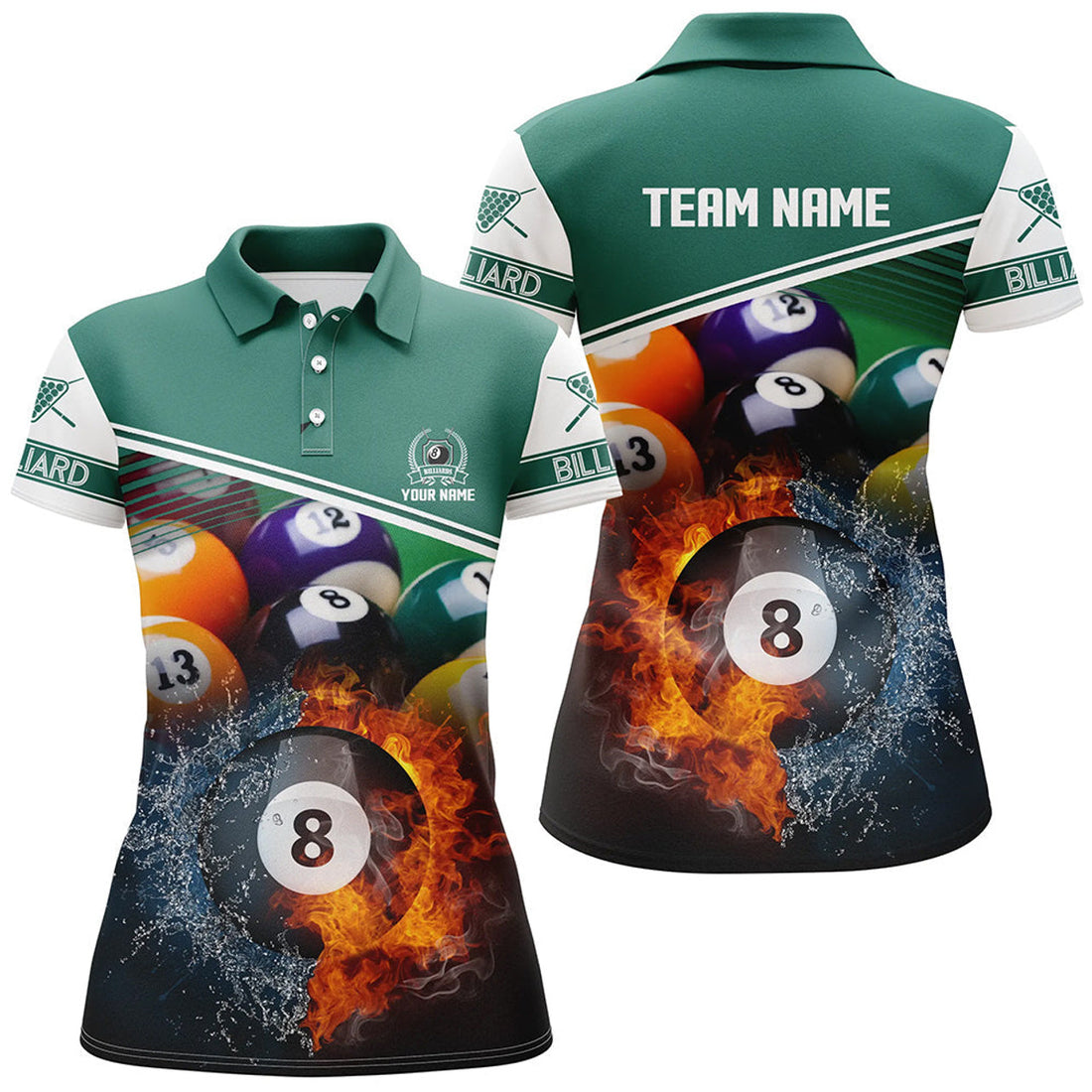 Custom Name Billiard 8 Ball Fire Water Gift Women's Polo Shirts S-5XL