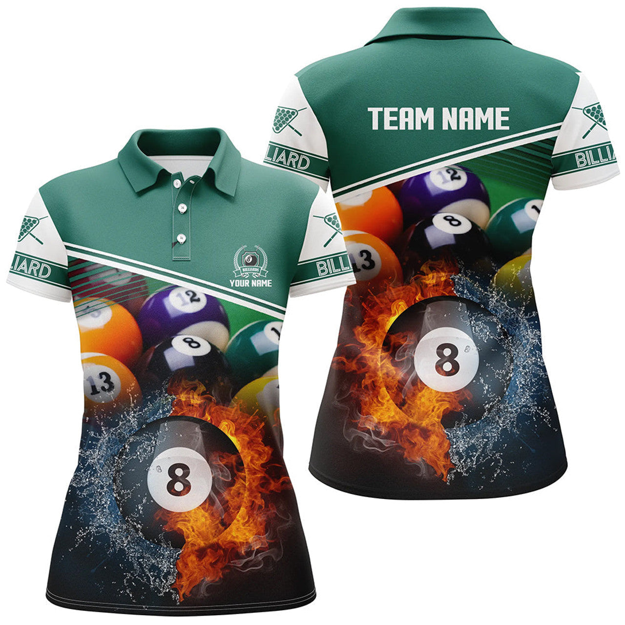 Custom Name Billiard 8 Ball Fire Water Gift Women's Polo Shirts S-5XL