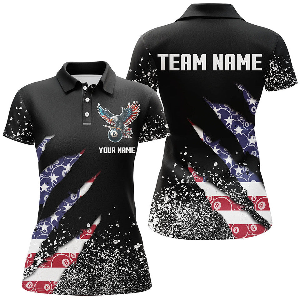 Custom Name US Flag Grunge Billiard Team Shirt for Women's Polo Shirts S-5XL