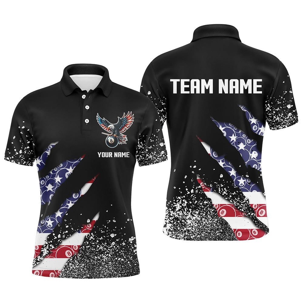 Custom 8 Ball US Flag Black Grunge Billiard Men's Polo Shirt Size S-5XL