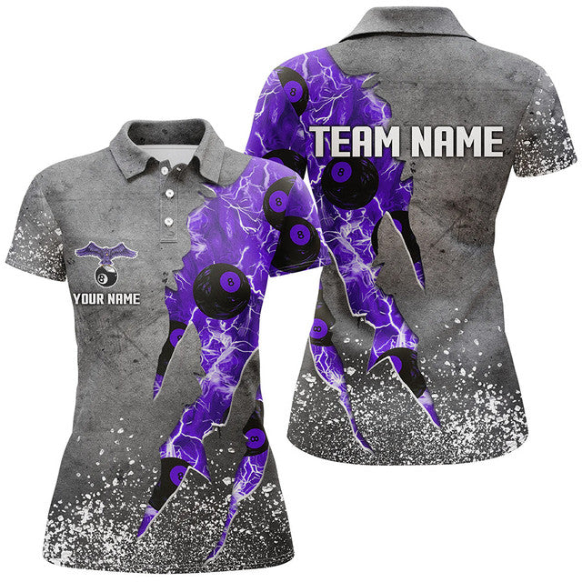 Custom Purple Thunder Lightning Grunge Billiard Team Women's Polo Shirts S-5XL