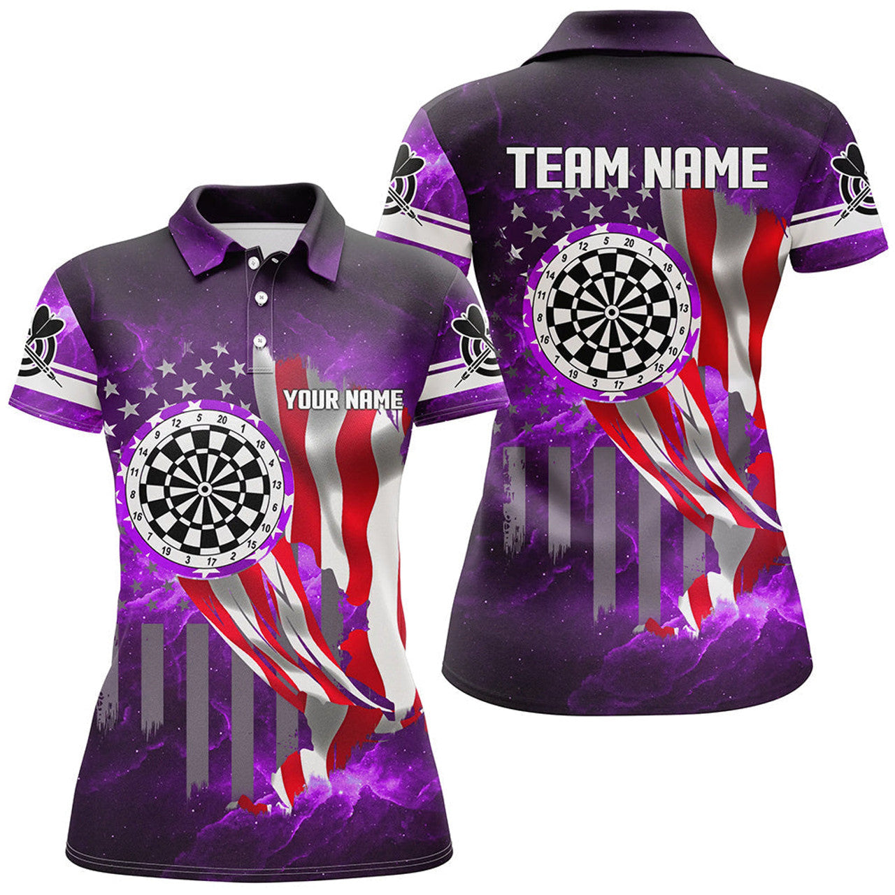Custom Purple Galaxy US Flag Dartboard for Darts League Women's Polo Shirts S-5XL