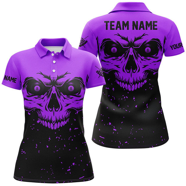 Custom Grunge Purple Black Skull 8 Ball Billiards Apparel Women's Polo Shirts S-5XL