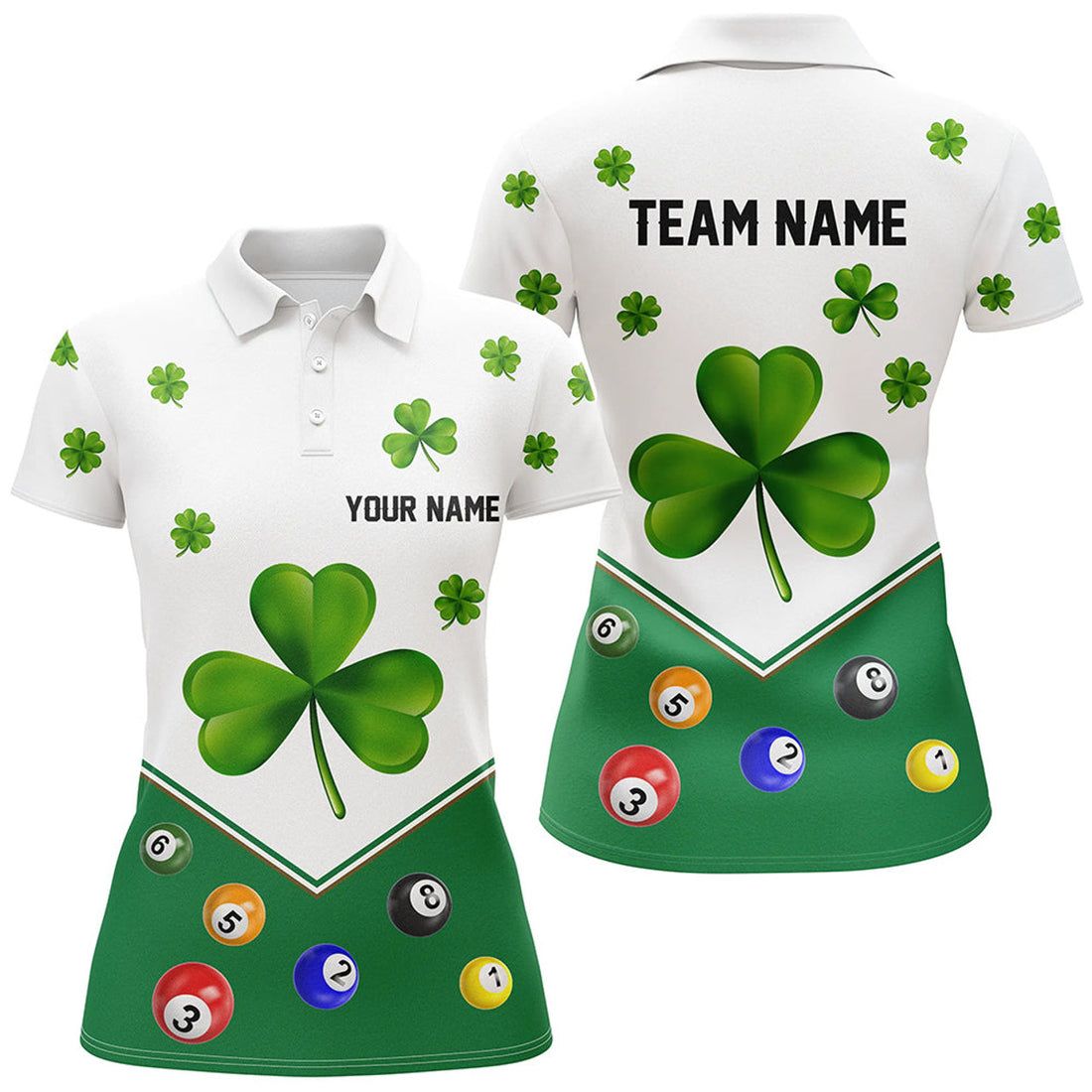 Custom Green Clover Lucky Billiard Shirt St Patrick's Day Women's Polo Shirts S-5XL