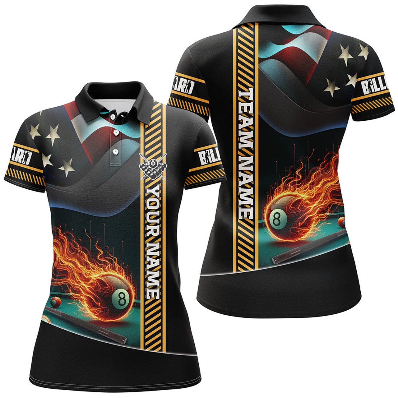 Custom American Flag Flaming 8 Ball Pool Billiard Attire Women's Polo Shirts S-5XL
