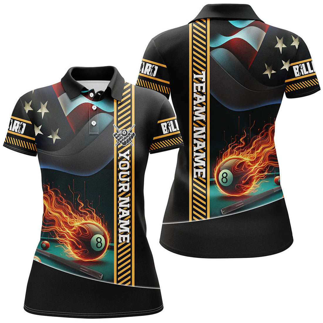 Custom American Flag Flaming 8 Ball Pool Billiard Attire Women's Polo Shirts S-5XL