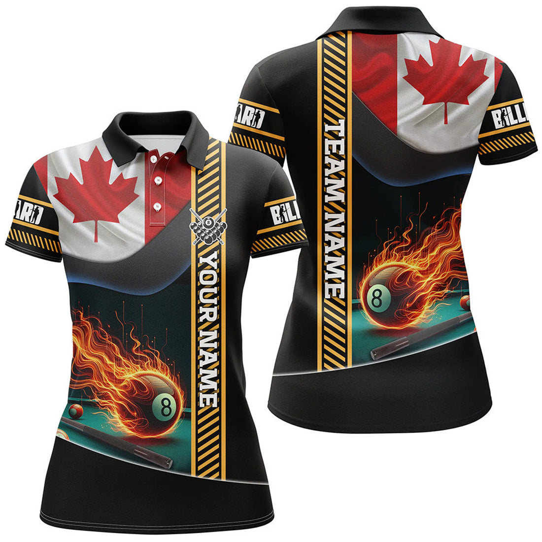 Custom Personalized Canada Flag Flaming 8 Ball Pool Women's Polo Shirts S-5XL