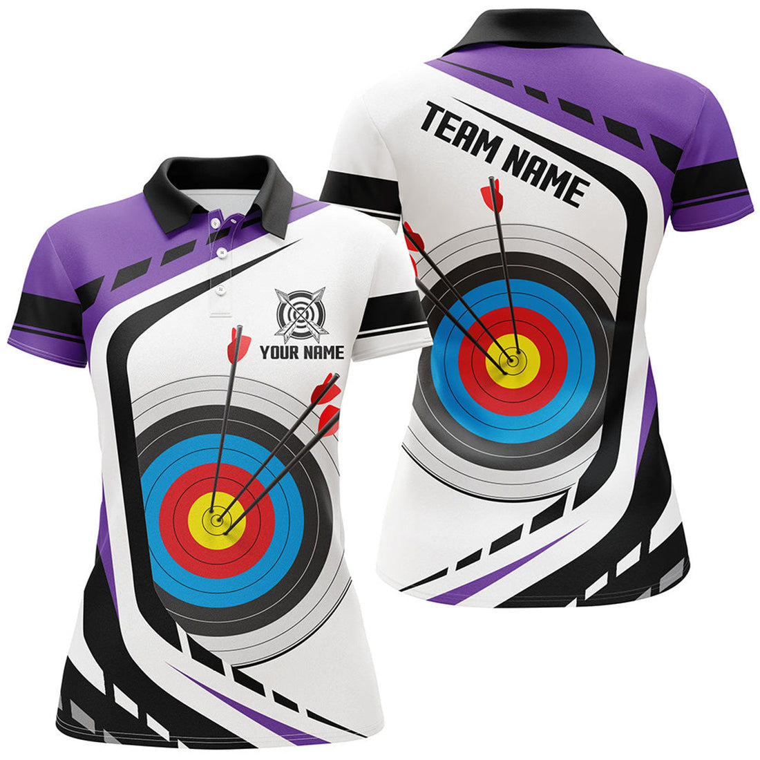 Custom Personalized Purple White Archery Target 3D Design Women's Polo Shirts S-5XL