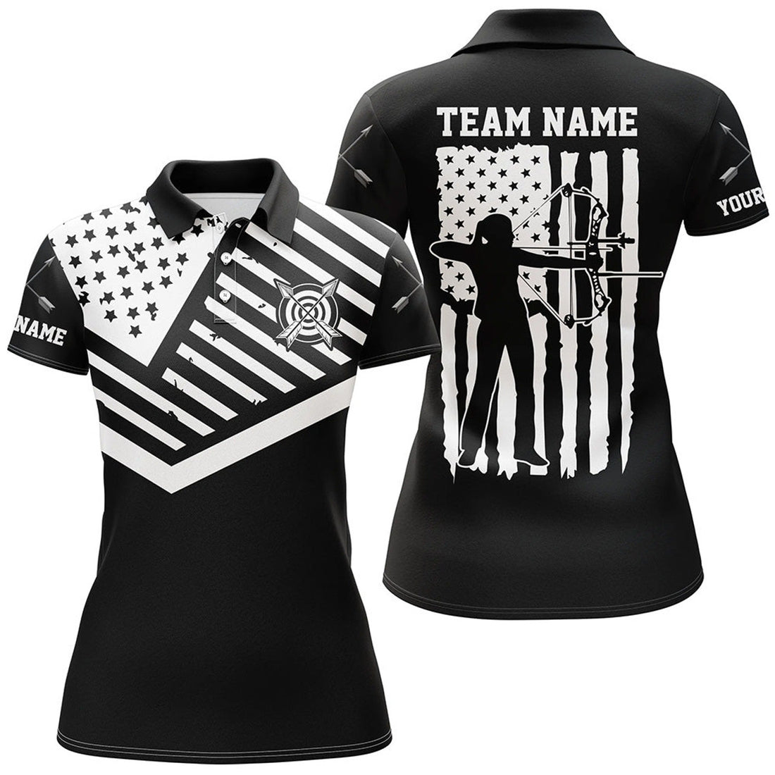 Custom Black White US Flag Archery Polo Shirts For Women's Polo Shirts S-5XL
