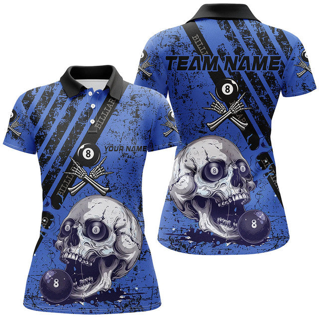 Custom Grunge Blue Billiard Skull Shirt for Pool Team Club Women's Polo Shirts S-5XL