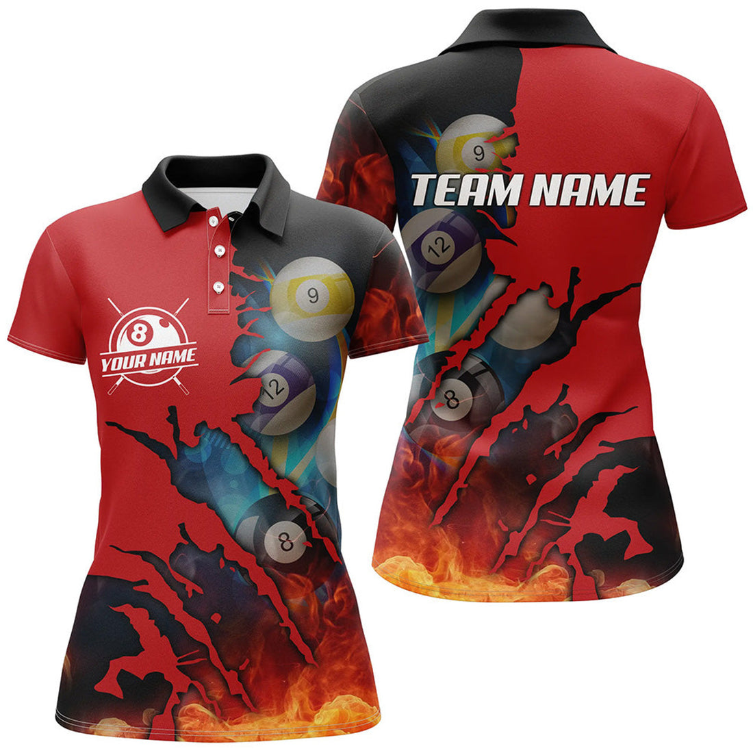 Custom Name Red Billiard Fire 3D Pool Player Design Women's Polo Shirts S-5XL