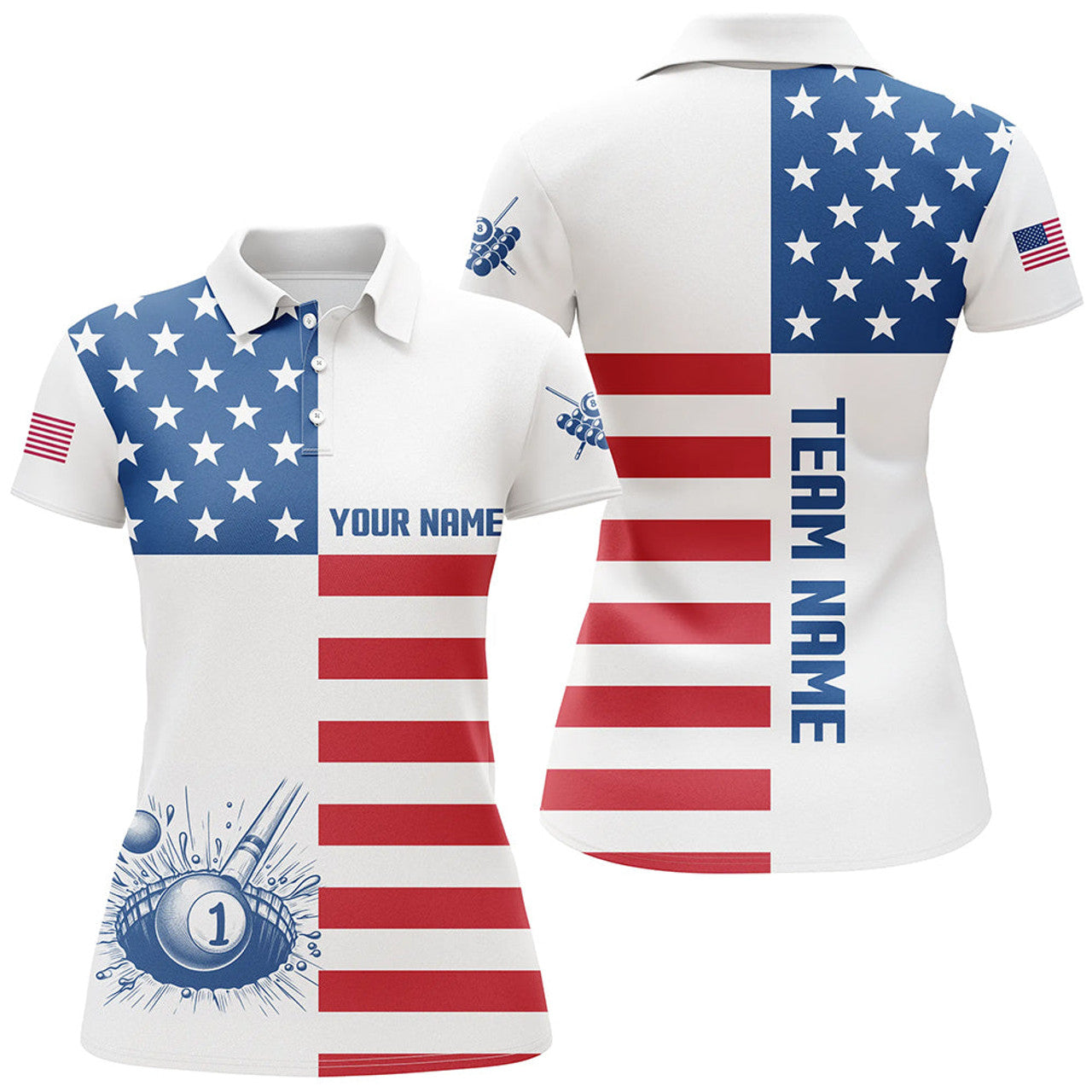 Custom American Flag with for Patriotic Pool Player Women's Polo Shirts S-5XL