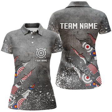 Custom Archery Target Pattern Grey Grunge with Team Name Women's Polo Shirts S-5XL