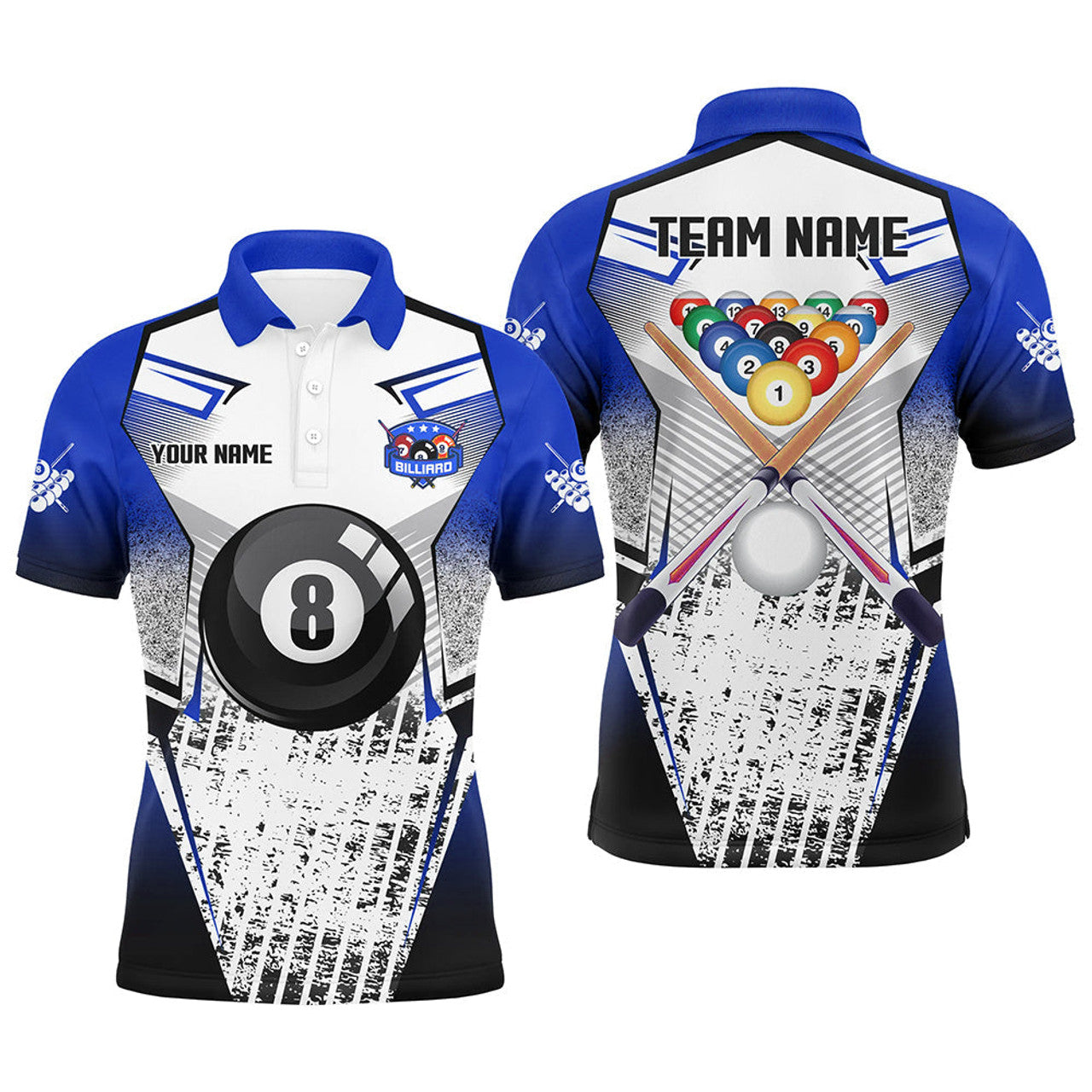 Personalized Billiard Balls Cue Blue Grunge Style Custom Men Polo Shirt S-5XL