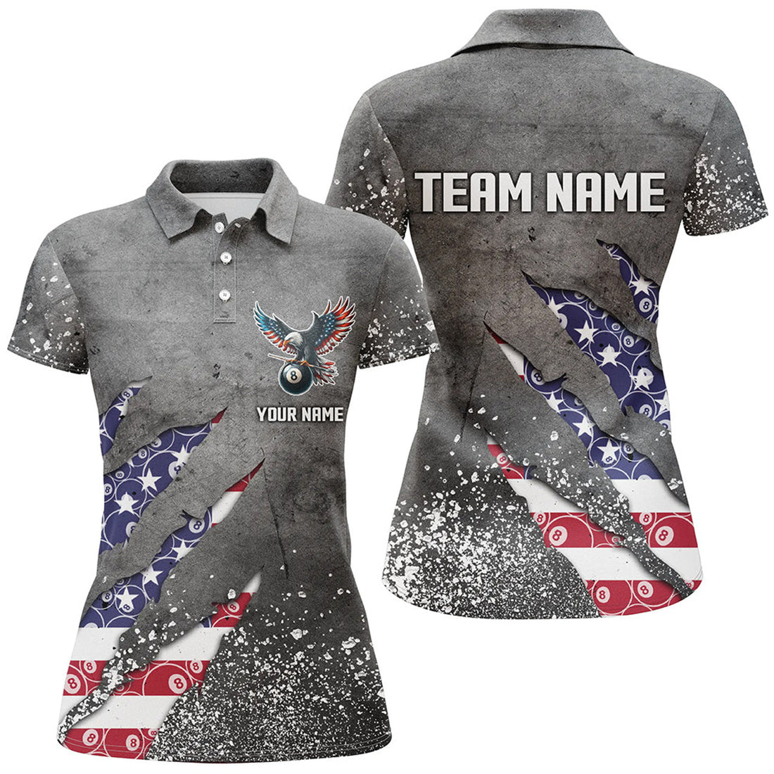 Custom Name US Flag Ball 8 Grey Grunge Billiard Team Shirt Women's Polo Shirts S-5XL