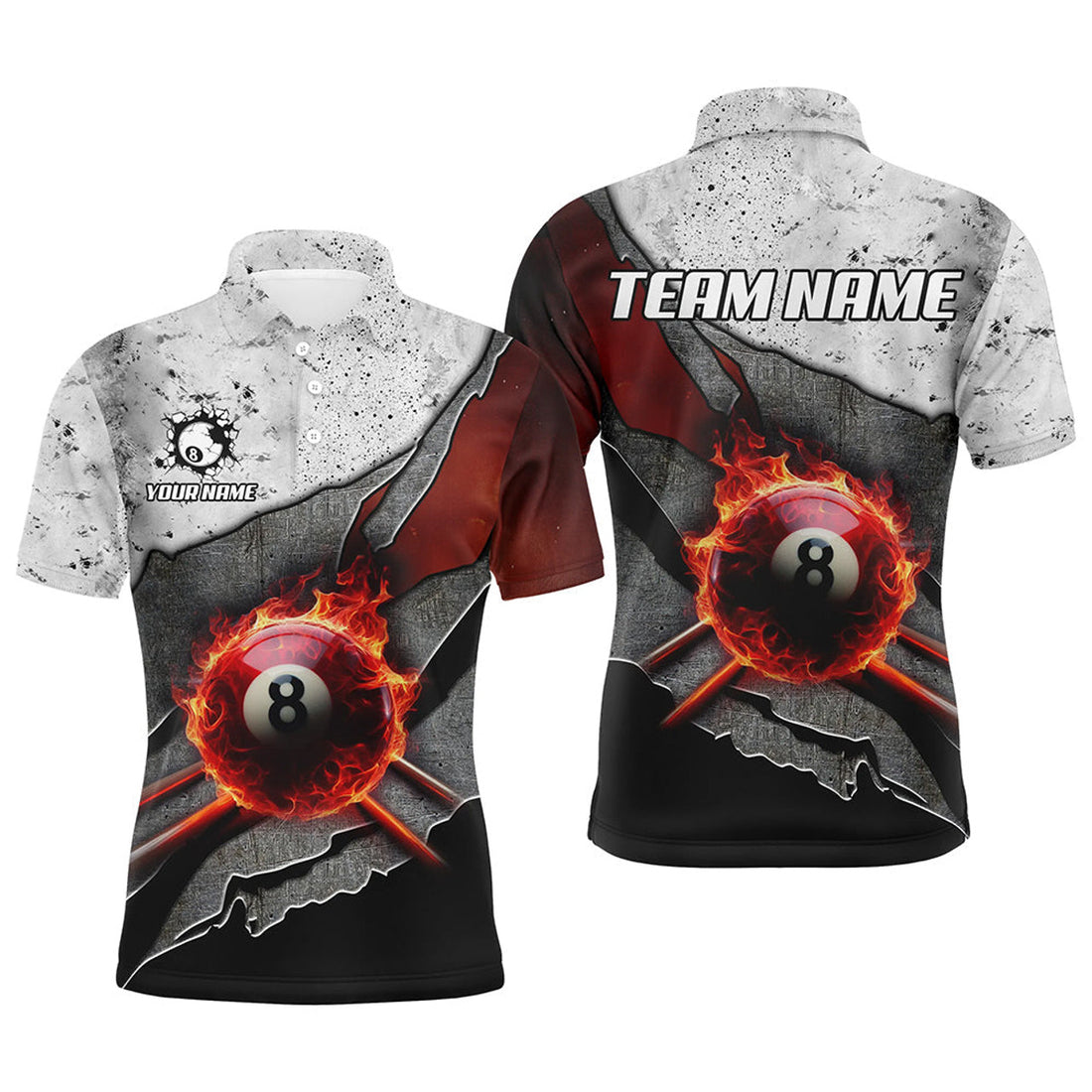 Personalized Billiard Grey Grunge Fire 8 Ball Pool Cue Men's Polo Shirt S-5XL