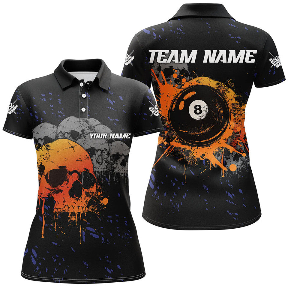 Custom Billiard Grunge Skull 8 Ball Pool Player Design Women's Polo Shirts S-5XL